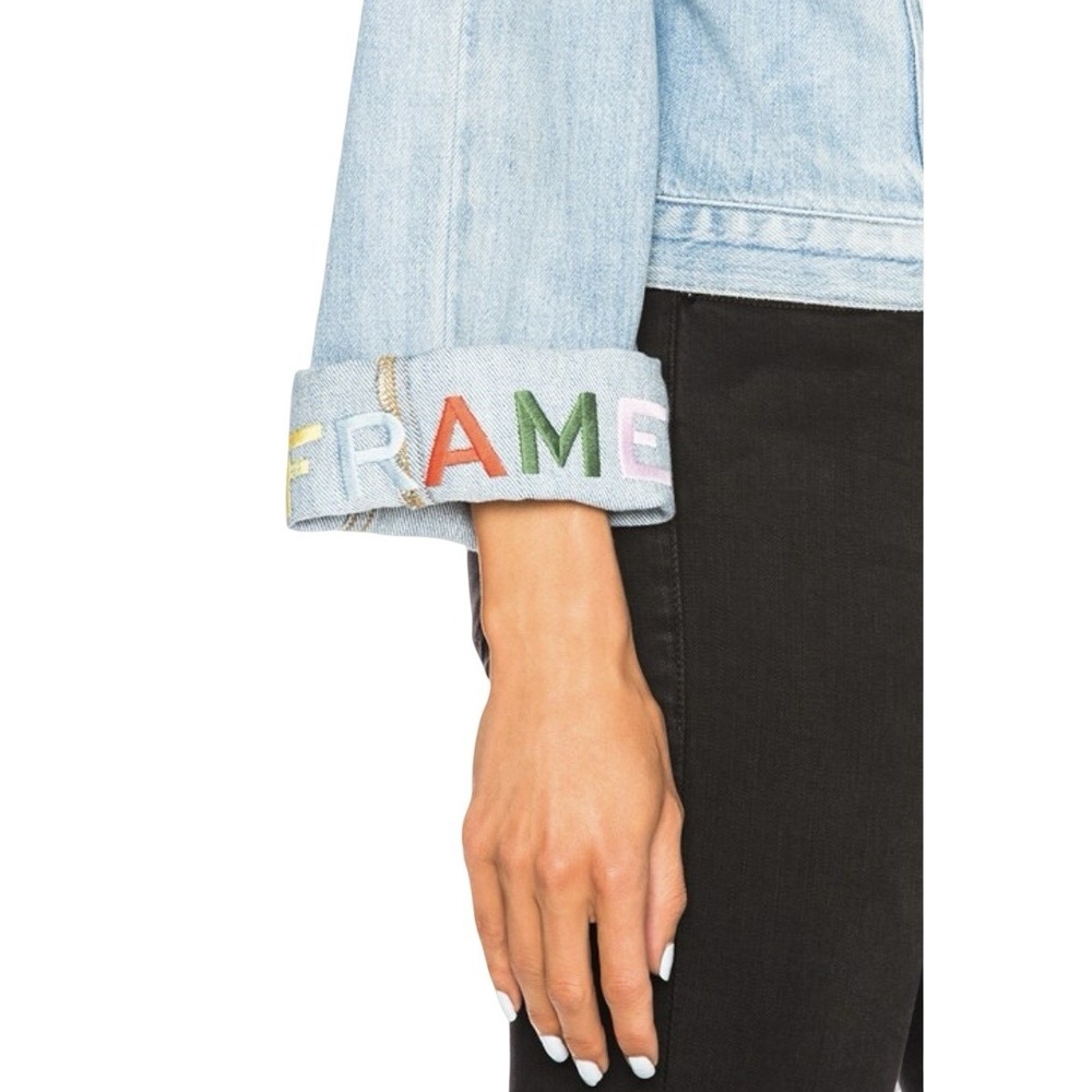Frame Embroidered Cuffed Jean Jacket Denim Rydell Ave Logo Light Womens Sz Large - Picture 12 of 16